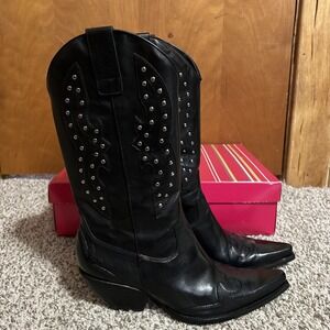 BCBG Leather Western Cowboy Boots Stud Size 8 B Black Y2K With Box
